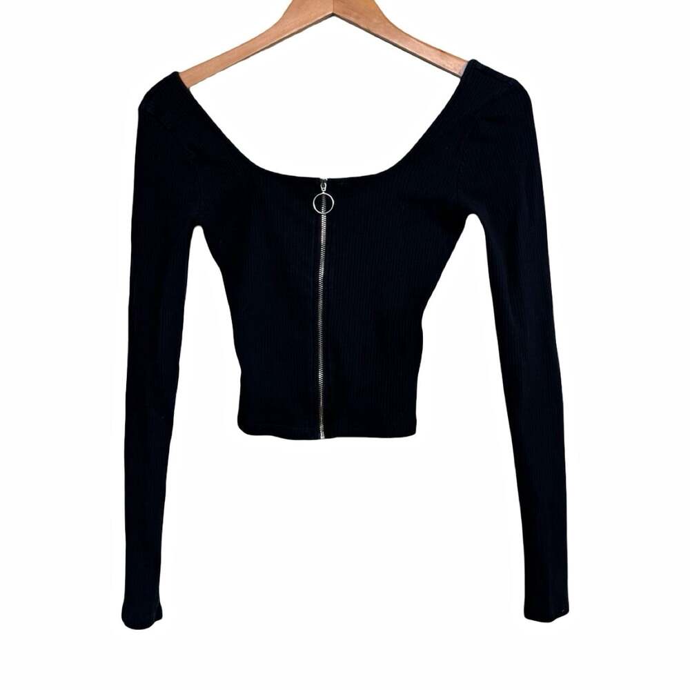 Y2K Hollister Goth Women’s Black Ribbed Knit Cropped Full Zip Top Long Sleeve M
